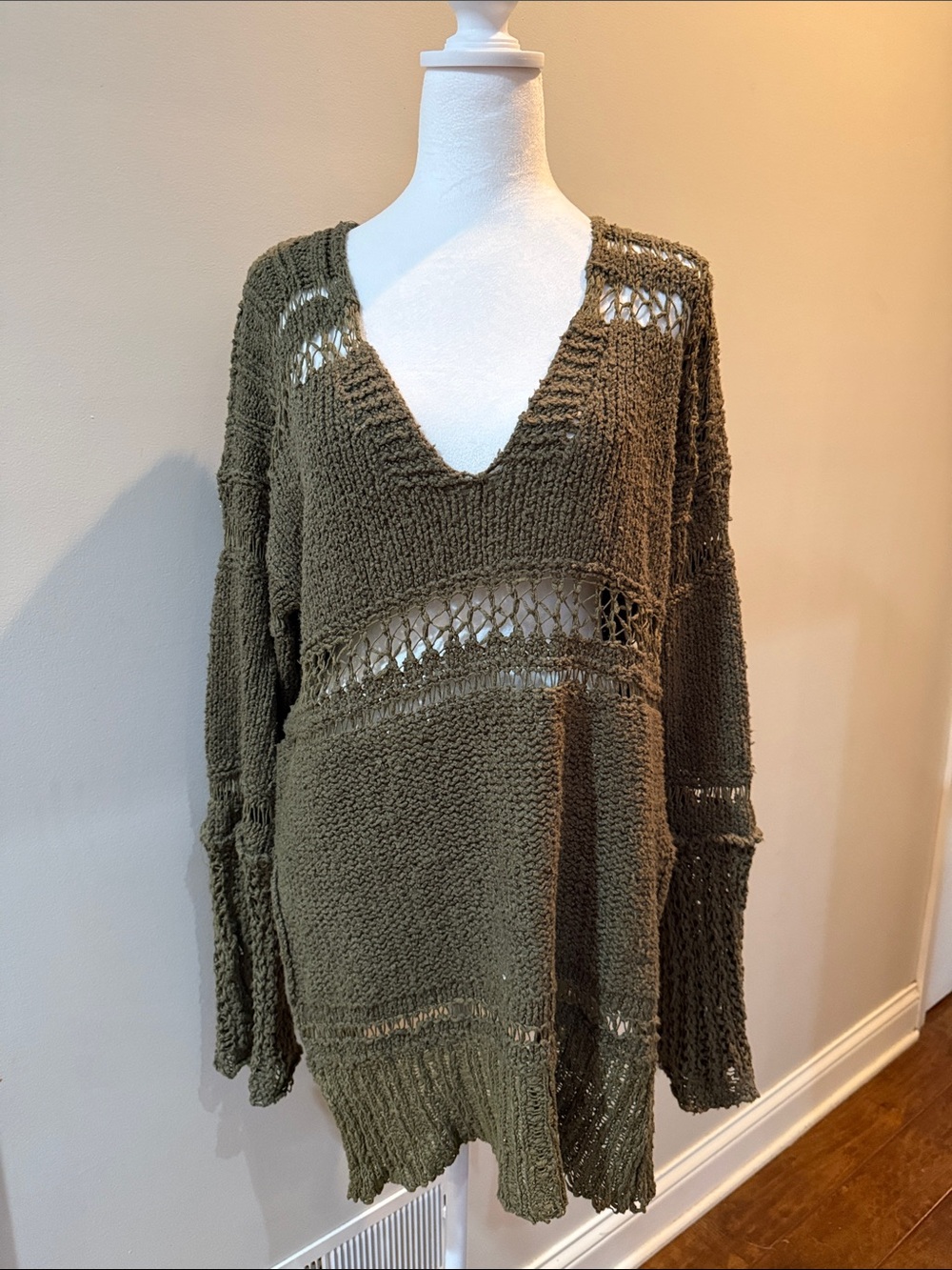 Free People Olive Open-Weave V-Neck Sweater